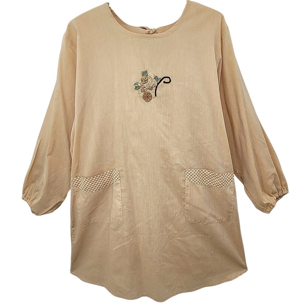 Vintage Tan Beaded Embroidered‎ Cottage Asian Smock Tunic